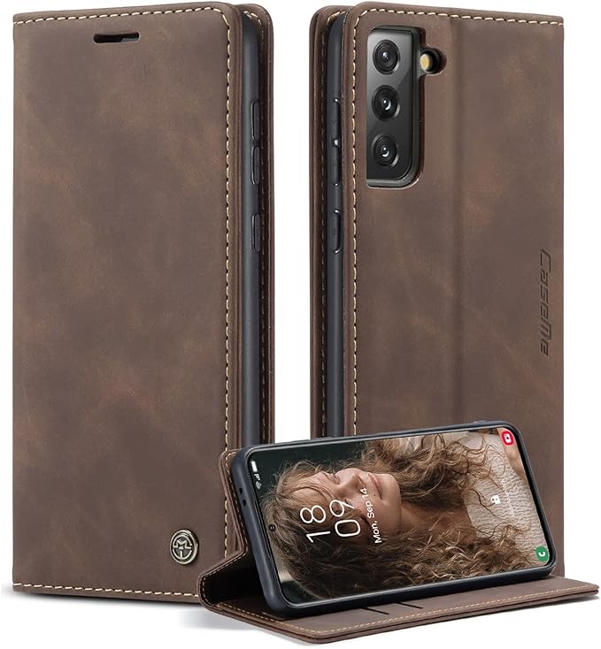 for Samsung Galaxy S21 Case, Flip Wallet Leather Case with Card Holder Magnetic Closure Shockproof Kickstand Protective Phone Cases Cover for Samsung S21,Coffee