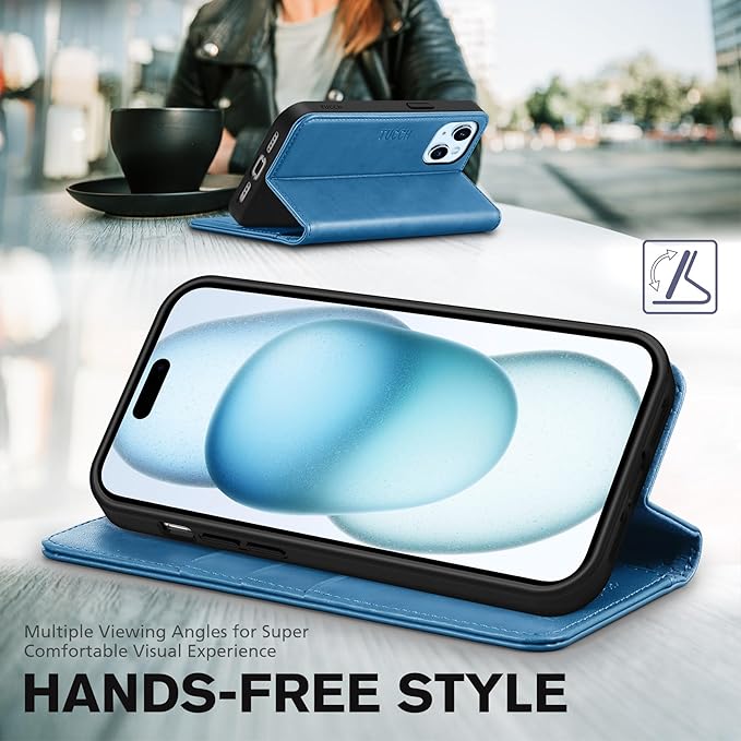 TUCCH Case for iPhone 15 Wallet Case 6.1", Kickstand PU Leather Folio Cover with RFID Blocking 3 Card Slots, Stand Book Design [Shockproof TPU Interior Case] Compatible with iPhone 15 2023, Light Blue