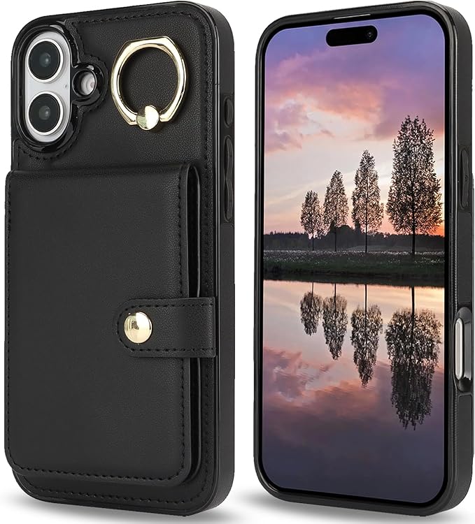 Compatible iPhone 16 Plus Wallet Case with Card Holder RFID Blocking PU Leather Doubles as a Wallet Unisex Flip Shockproof Protection with Card Slots Ring Wrist Kickstand Function,Black