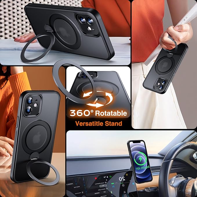 360° O-Ring MagStander for iPhone 12 Case, iPhone 12 Pro Case with Magnetic Stand Ring Holder [Compatible with MagSafe] [Military Shockproof] Kickstand iPhone 12/12 Pro Phone Cover Black