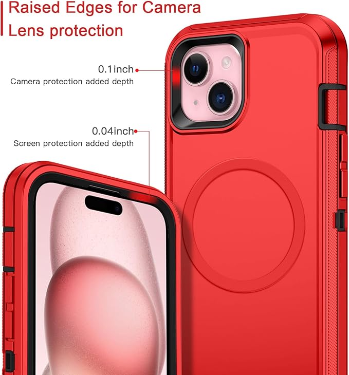 for iPhone 13/14/15 Case [Compatible with MagSafe] Shockproof 3-Layer Full Body Protection Rugged Heavy Duty Cover Case for Apple iPhone 13/14/15 6.1",Red/Black