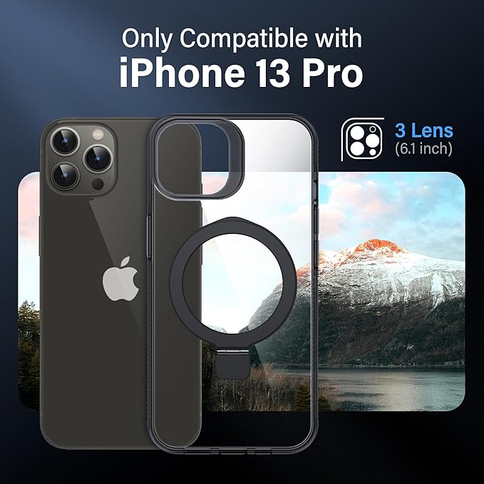 Magnetic Case for iPhone 13 Pro - [Built-in Invisible Stand] [Compatible with MagSafe] [Military Grade Drop Protection] Anti-Yellowing Hard Back Silicone Edge Cover, 6.1", Clear Black