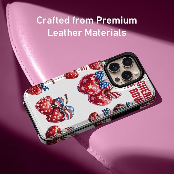 FUNMIKO for iPhone 16 Pro Wallet Case with Card Holder, RFID-Blocking, Military-Grade Protection & UV-Printed Artwork, Magnetic Closure with Leather Kickstand - Cherries with Bow