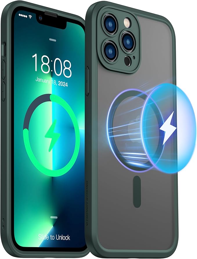 ImpactStrong Magnetic Guard Designed for iPhone 13 Pro Max Case [Camera Protection] [Military Grade Drop Tested] [Compatible with MagSafe] Slim Translucent Matte Phone Case (6.7") - Dark Green