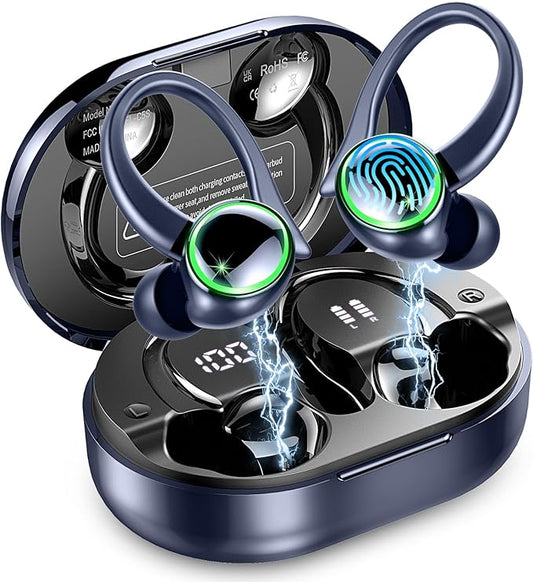 Wireless Earbuds, Bluetooth 5.4 Headphones Sports, 50H Playback Over-Ear Buds with ENC Noise Cancelling Mic, Deep Bass Fitness Earphones with Earhooks, IP7 Waterproof Headset for Running, Blue