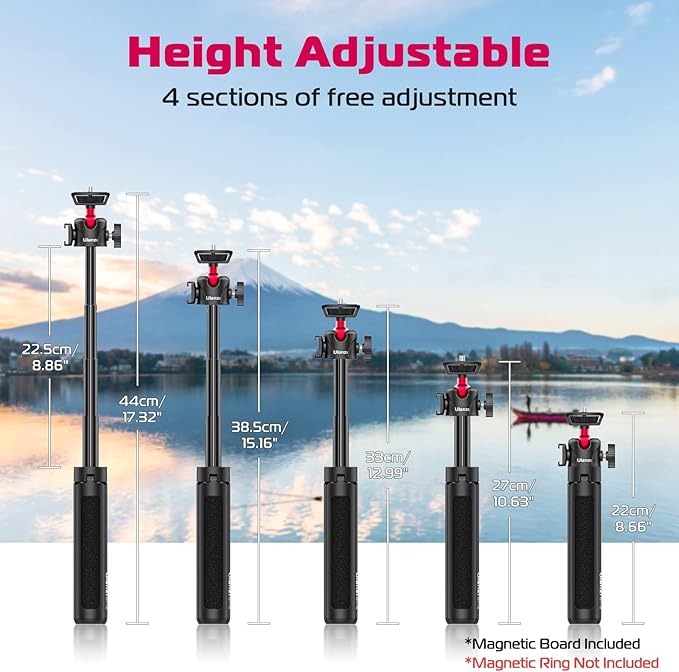 ULANZI Magnetic Cell Phone Tripod Compatible with MagSafe, 17.3" Extendable Mini Tabletop Tripod Selfie Stick with Cold Shoe, 360° Ball Head Tripod Stand Handle Grip for iPhone 17 16 15 14 13 12