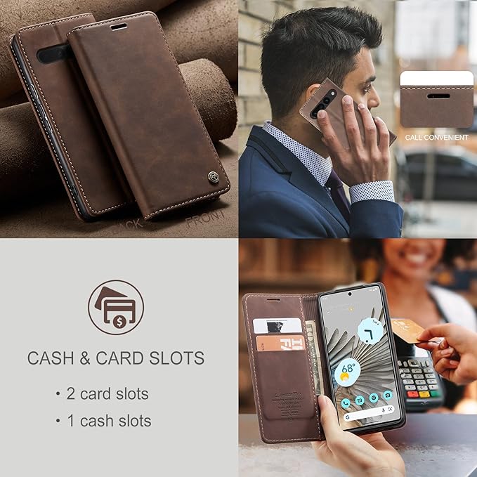 for Google Pixel 7 Pro Case, Flip Wallet Leather Case with Card Holder Magnetic Closure Shockproof Kickstand Protective Phone Cases Cover for Google Pixel 7 Pro,Coffee