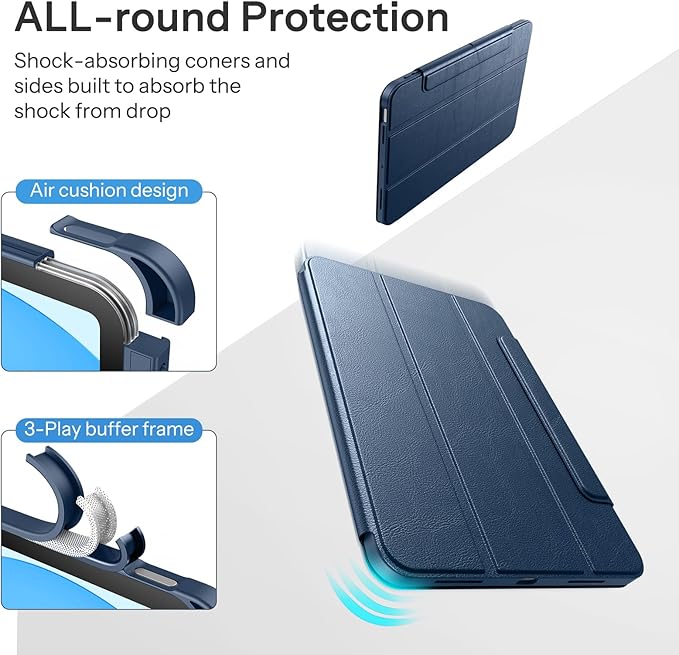 SPARIN Case for iPad A16 11th/10th Generation 2025/2022 (11"/10.9") with Pencil Holder, Magnetic Detachable Hybrid Stand, Portrait/Landscape Angle, Clear Protective Case, Auto Wake/Sleep-Navy Blue