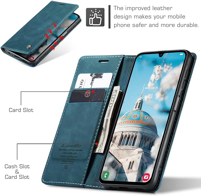 for Samsung Galaxy A15 Case, Flip Wallet Leather Case with Card Holder Magnetic Closure Shockproof Kickstand Protective Phone Cases Cover for Samsung A15,Blue-Green