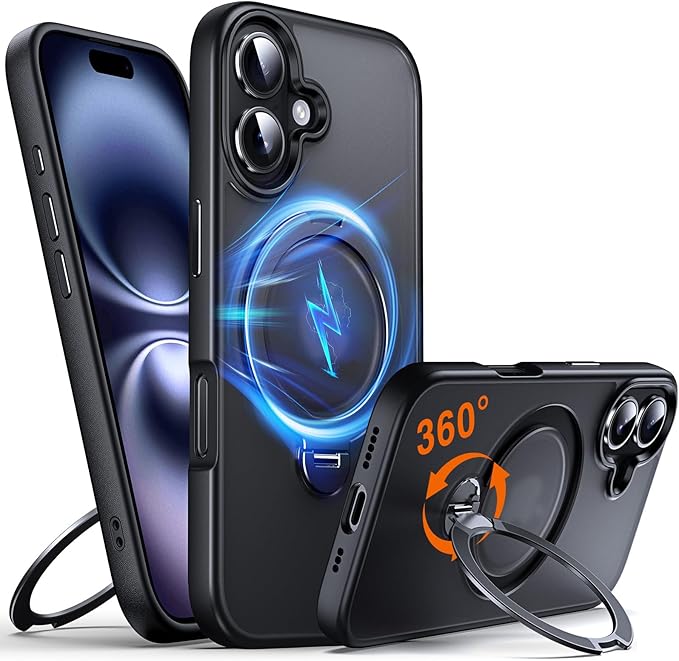 360° O-Ring MagStander for iPhone 16 Case with Magnetic Kickstand Ring Holder [Compatible with MagSafe][360°Rotate Stand Ring][Military Shockproof] Magnet iPhone 16 Phone Cover Matte Black