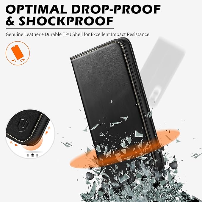 SHIELDON Case for Galaxy S25 Edge 6.7" 2025, Genuine Leather Folio Wallet Case RFID Blocking Card Holder Folio Magnetic Stand Shockproof Protective Cover Compatible with Galaxy S25 Edge - Retro Black