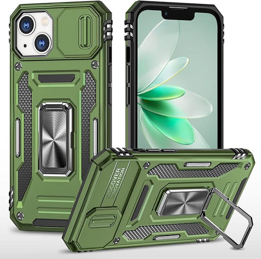 Case for iPhone 14 Plus Phone Case with Kickstand Ring Holder, with Camera Cover, with Magnetic Car Mount Function, for iPhone 14 Plus (Olive Green)