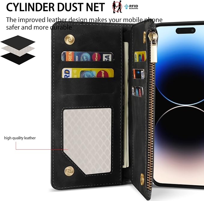 ZZXX for iPhone 14 Pro Max Case Wallet with [RFID Blocking] Card Slot Soft PU Leather Zipper Flip Folio with Wrist Strap Kickstand Protective Cover for iPhone 14 Pro Max Wallet Case(Black-6.7 inch)