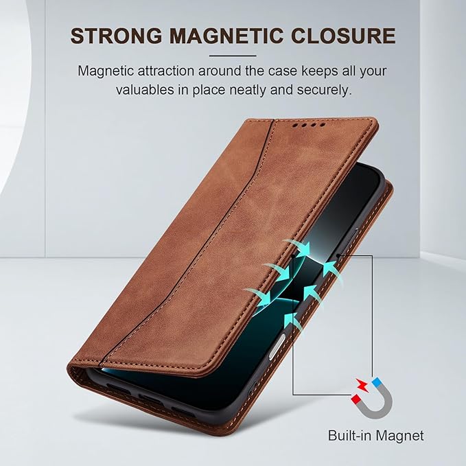 Jasonyu Flip Wallet Case for iPhone 16 Pro,Leather Magnetic Folio Cover with Card Holder,Kickstand - TPU Shockproof Durable Protective Phone Case,Brown