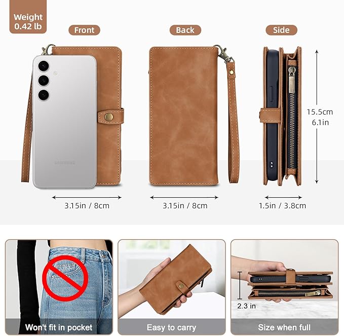TwoHead for Samsung Galaxy S24 Wallet Case with Card Holder,Detachable Magnetic Phone Case for Galaxy S24,PU Leather Shockproof Protective Phone Cover Wallet with Wrist Strap(6.1 in,Brown)