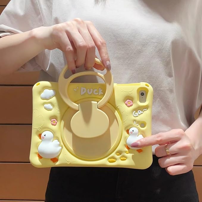 3D Cute Press Duck Case for Samsung Galaxy Tab A8 10.5 inch 2022 SM-X200/X205/X207,Kawaii Cartoon Character Duck Soft Silicone Rotating Stand Case with Lanyard for Kids Teens Girls Women
