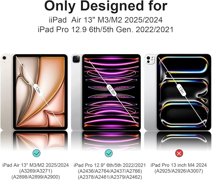 Case for iPad Air 13 Inch M3/M2 2025/2024, iPad Pro 12.9 Inch 6th/5th Generation 2022/2021 with Pencil Holder, Vertical Stand, Detachable Magnetic Trifold Stand Case,Auto Wake/Sleep, Black