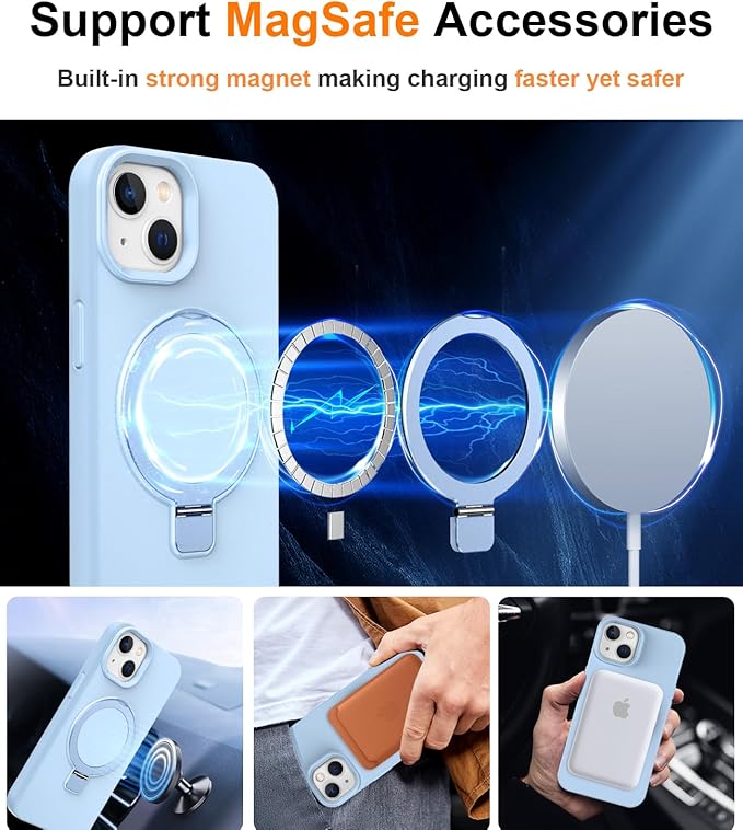 ZHK Liquid Silicone Designed for iPhone 15 Case with Magnet Stand, [Mil-Grade Drop Shockproof][Soft Anti-Scratch Microfiber Lining] Slim Fit Cover,Baby Blue