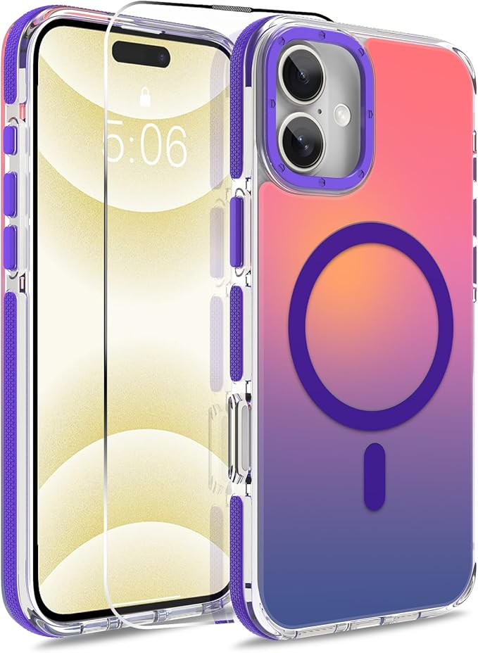 MOWIME Magnetic Case for iPhone 16 Plus [Compatible with Magsafe] [Cute Fashion Fluorescent Design] [1 Screen Protector] Slim Translucent Matte Case for iPhone 16 Plus 6.7" 2024, Purple