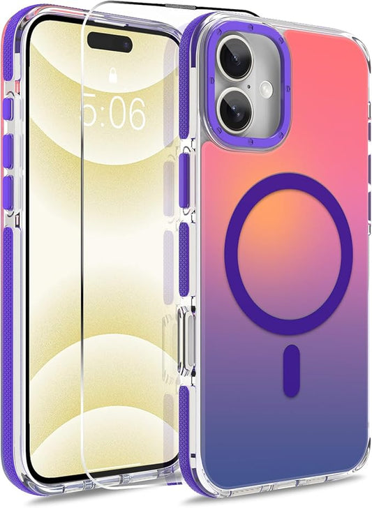 MOWIME Magnetic Case for iPhone 16 Plus [Compatible with Magsafe] [Cute Fashion Fluorescent Design] [1 Screen Protector] Slim Translucent Matte Case for iPhone 16 Plus 6.7" 2024, Purple