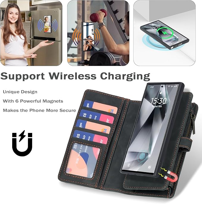 TwoHead for Samsung Galaxy S24 Ultra Wallet Case with Card Holder, Detachable Magnetic Phone Case for S24 Ultra,PU Leather All-Round Protective Phone Case Wallet with Wrist Strap,Black