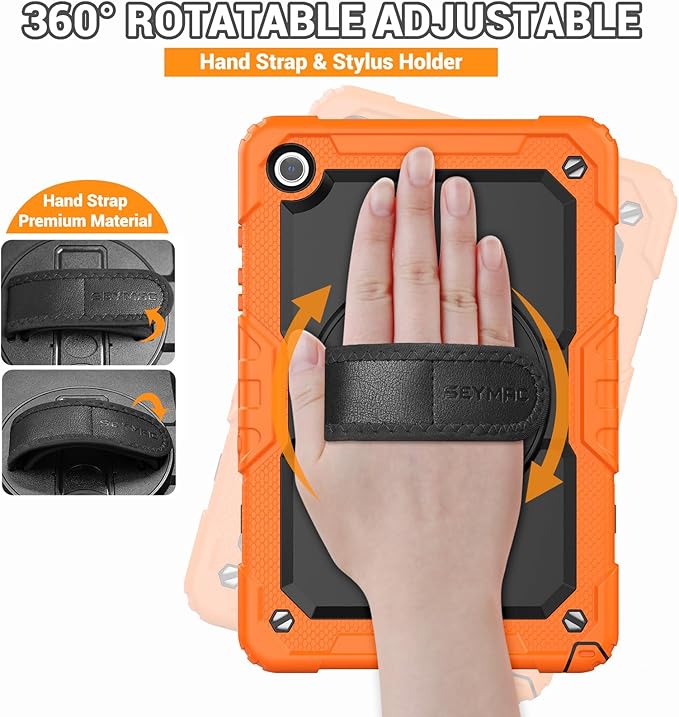 SEYMAC Case for Samsung Galaxy Tab A9+/ A9 Plus 11" (SM-X210/X216/X218), Heavy Duty Shockproof Protective Case with Screen Protector, Rotating Stand, Hand/Shoulder Strap, Orange