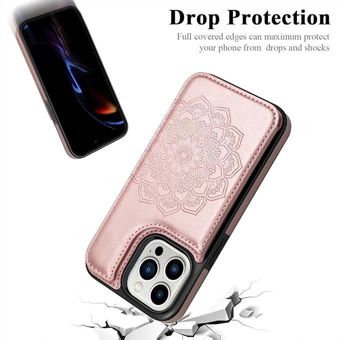 MMHUO for iPhone 14 Pro Case with Card Holder,Flower Magnetic Buttons Protective Wallet Case for Women for iPhone 14 Pro,Rose Gold