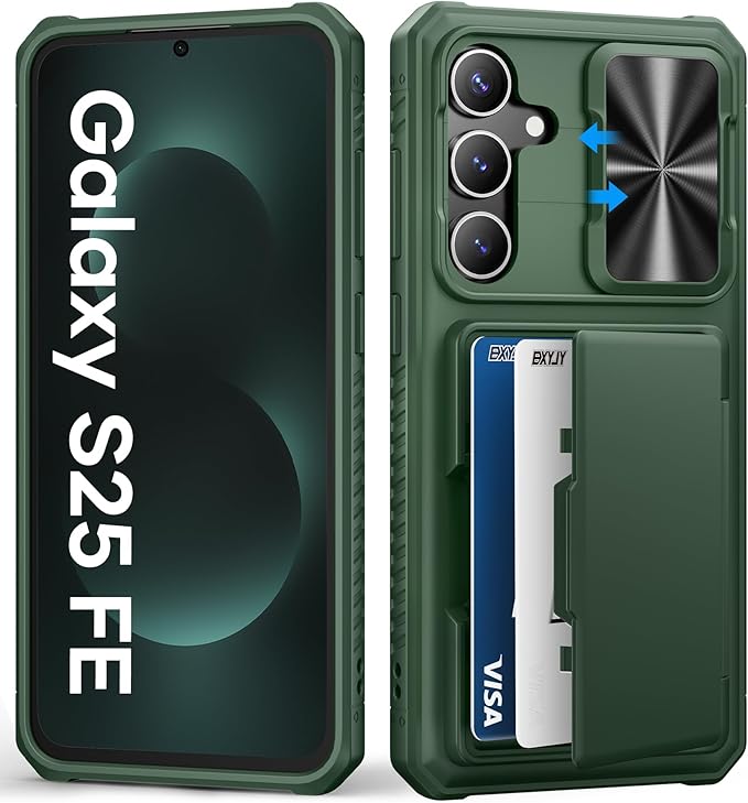 for Samsung Galaxy S25 FE Wallet Case, Credit Card Holder (4-5 Cards), Slide Lens Cover, Military Drop Protection, Rugged Heavy Duty Women Men Protective Phone Case for Galaxy S25 FE 6.7", Green