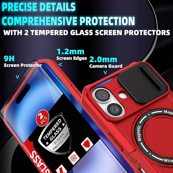 for iPhone 16 Plus Case Magnetic Compatible with MagSafe Wireless Charging,Built-in 360°Kickstand,with Camera Cover,with 2 Screen Protector,Anti-Scratch Shockproof Heavy Duty Protection Red