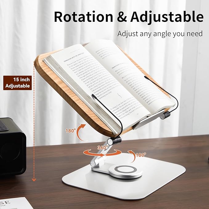Book Stand for Reading, Mayhas Adjustable Book Holder with 360° Swivel Base&Page Clips, Foldable Desktop Stand for Cookbook, Fits All Books (Cherry Wood, Aluminum Base)