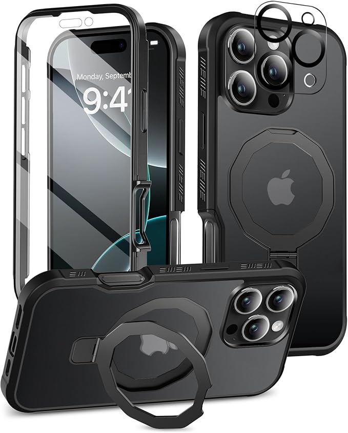 Compatible with iPhone 16 Pro Case, Built-in Screen Protector & Seamless Stand, with Camera Lens Protector, Strong Magnetic Matte Phone Case, Full Body Protective Cover for 6.3 Inch (Black)
