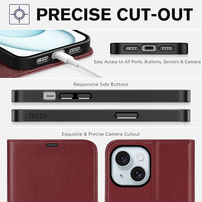 TUCCH Case Wallet for iPhone 15, [RFID Blocking] PU Leather Stand Folio Cover with 4 Card Slots [TPU Protective Interior Shell], Magnetic Flip Case Compatible with iPhone 15 5G 6.1-inch 2023, Dark Red