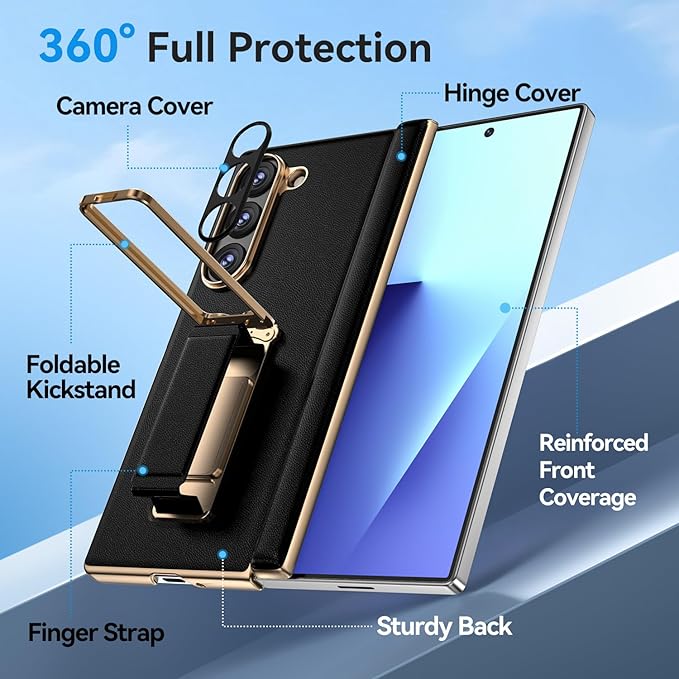 for Samsung Galaxy Z Fold 7 Case with Kickstand,【Military Grade Protection】【Hinge Protection】, Scratch Resistant Protective Phone Case for Z Fold 7 Leather Case, Black（Back Cover Version）
