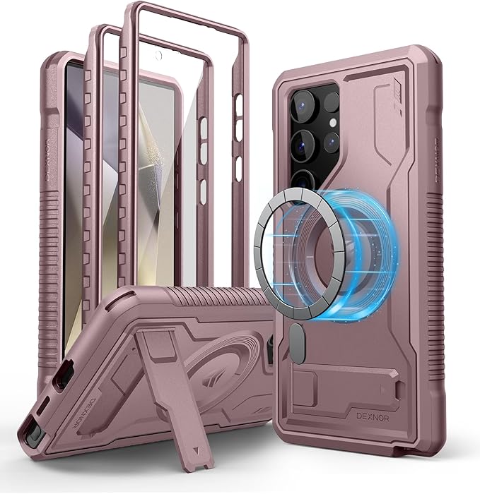 Dexnor Magnetic Case for Samsung Galaxy S24 Ultra Case, Compatible with Magsafe, 2 Front Frames & Built-in Screen Protector, Bumper Rugged Shockproof Full-Body Protective Cover with Kickstand,Pink