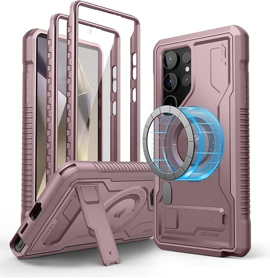 Dexnor Magnetic Case for Samsung Galaxy S24 Ultra Case, Compatible with Magsafe, 2 Front Frames & Built-in Screen Protector, Bumper Rugged Shockproof Full-Body Protective Cover with Kickstand,Pink