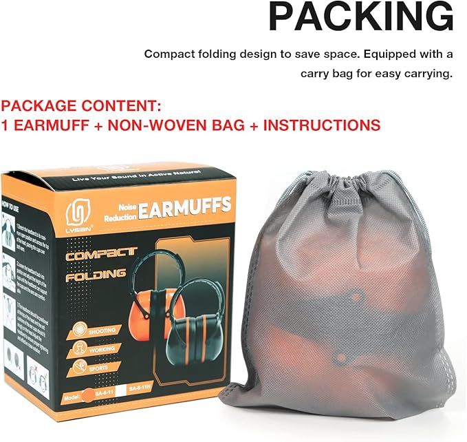 LYSIAN Foldable Noise Reduction Earmuffs, Hearing Protection Safety Ear Muffs for Shooting, Workshop,Loud Security Events