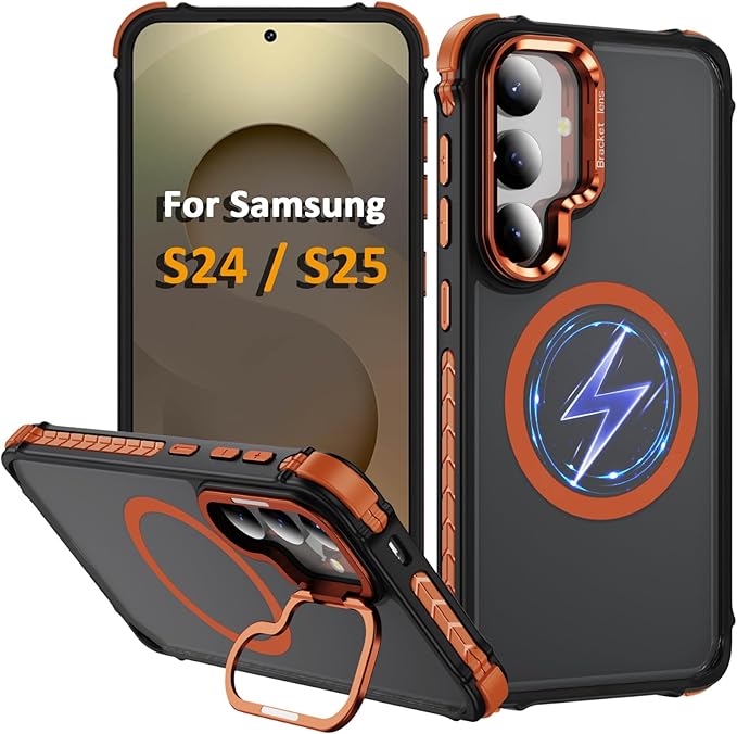 Magnetic for Samsung Galaxy S25 Case/S24 Case Orange Fit for MagSafe Military-Grade Shockproof Protection Adjustable Kickstand Slim Matte Anti-Fingerprint Cover Men Women