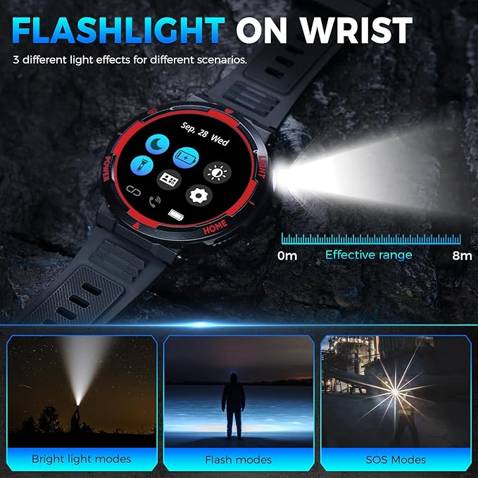 Military Smart Watch for Men(Answer/Make Call), Rugged Smartwatch with LED Flashlight/3ATM Waterproof/400mAh Battery/100+ Sports Modes/Heart Rate/Sleep Monitor, Fitness Tracker for iOS Android