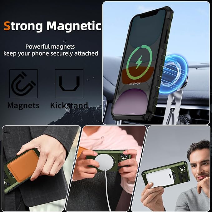 for iPhone 11 Case Compatible with MagSafe Magnetic,with 2 Tempered Glass Screen Protectors,Built-in 360°Kickstand Ring,Military Grade Drop Shockproof Heavy Duty Protection Phone Bumper Green