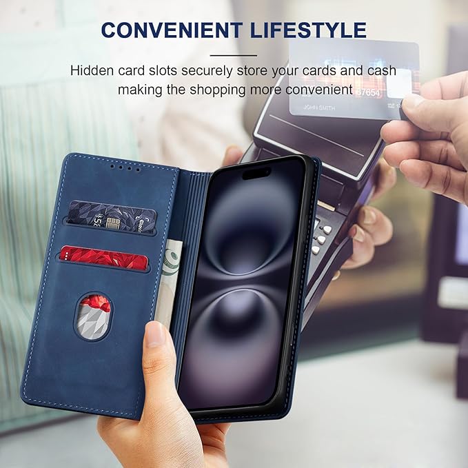 Jasonyu Flip Wallet Case for iPhone 16 Plus,Leather Magnetic Folio Cover with Card Holder,Kickstand - TPU Shockproof Durable Protective Phone Case,Blue