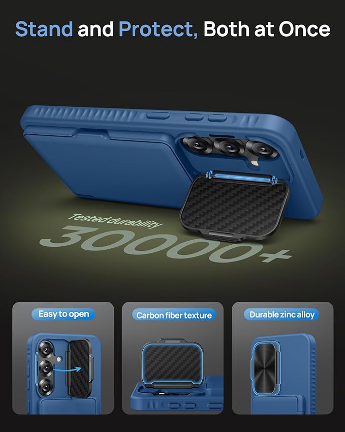 for Samsung Galaxy S25 Case with Card Holder, Built-in Stand & Camera Lens Cover, Shockproof Rugged Silicone Raised Edge Protective Wallet Protective Phone Case for Samsung S25 5G 2025, Blue