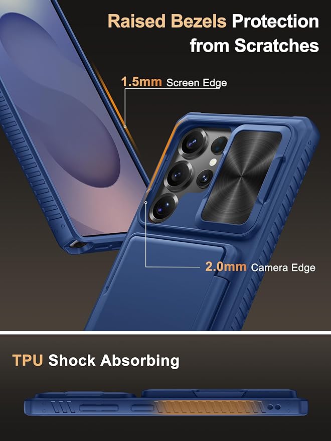 Vihibii for Samsung Galaxy S25 Ultra Case with Card Holder (4 Cards), [RFID Blocking] & Slide Camera Cover & Raised Edge Protect Screen, Shockproof Rugged Case for Samsung Galaxy S25 Ultra, Blue