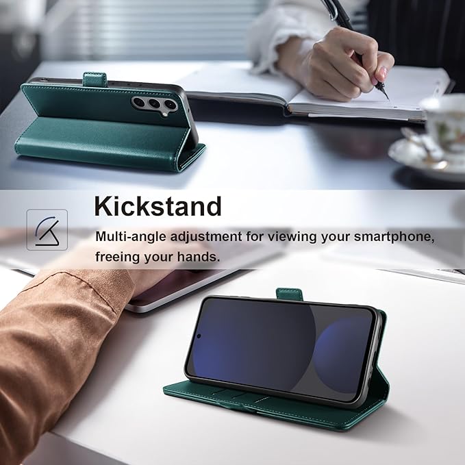 Wallet Flip Case for Samsung Galaxy S24 FE 5G - [RFID Blocking] Luxury PU Leather Card Holder Magnetic Phone Cover with Kickstand,Shockproof Protective Case,Green