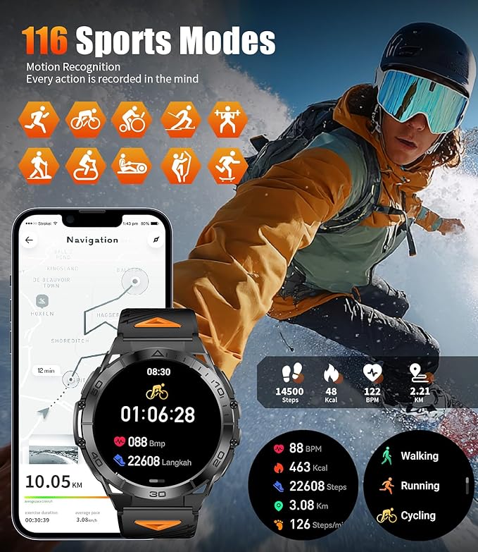 EF16 Smart Watch for Men (Answer/Make Calls), 1.6" AMOLED HD Fitness Watches with LED Flashlight, 600mAh Battery/2 Straps/100+ Sports/IP68 Waterproof Smartwatch for Android iPhone Compatible