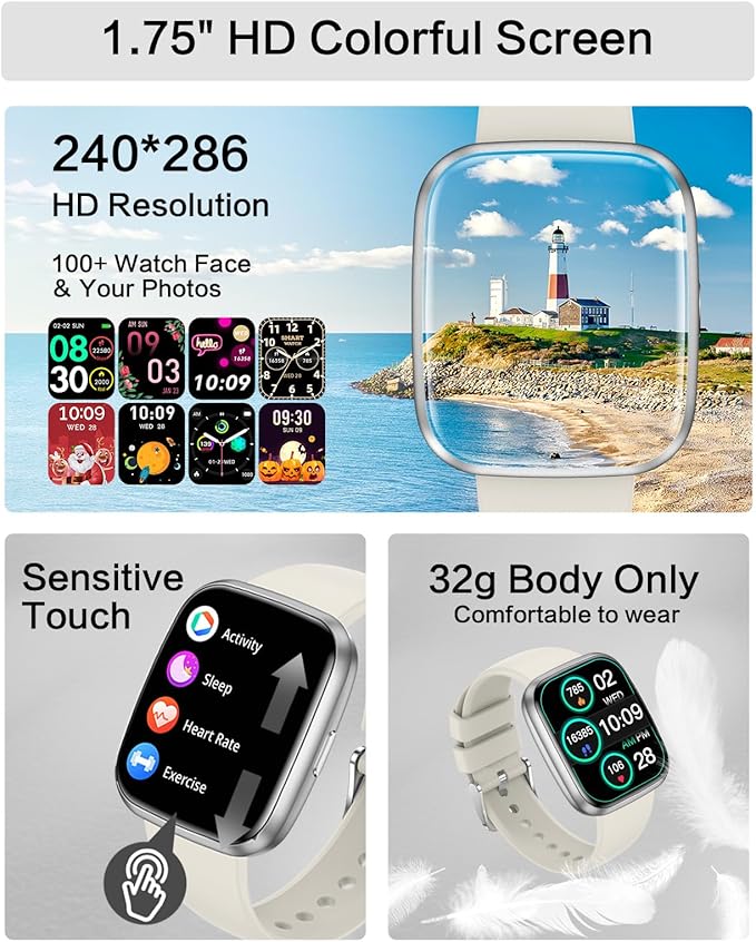 Smart Watches for Women, 1.75" Bluetooth Call, AI Voice Smartwatch, 24/7 Heart Rate Monitor, Blood Pressure/SpO2/Sleep Tracker, IP68 Waterproof, 100+ Sports Fitness Tracker for Android iOS Grey