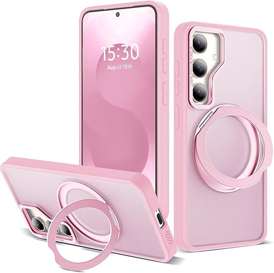 for Samsung Galaxy S25 Plus Case with 360°Rotatable Magnetic Ring Stand Compatible with Mag-Safe Military Protection Shockproof Matte Translucent Phone Cases for Galaxy S25+,Pink