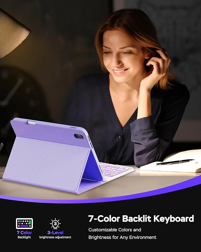 Folio Keyboard Case for iPad 10th Gen 10.9 inch (2022) and iPad 11th (A16, 2025), Magnetic Wireless Detachable Keyboard, 7-Color Backlight, Thin & Light, Pencil Holder (Purple)