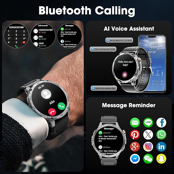 Military Smart Watch for Men 1.75" HD AMOLED Display 730mAh Battery Smart Watches with LED Flashlight for Android iOS（Bluetooth Call Answer/Dial Calls） Fitness Tracker with Heart Rate