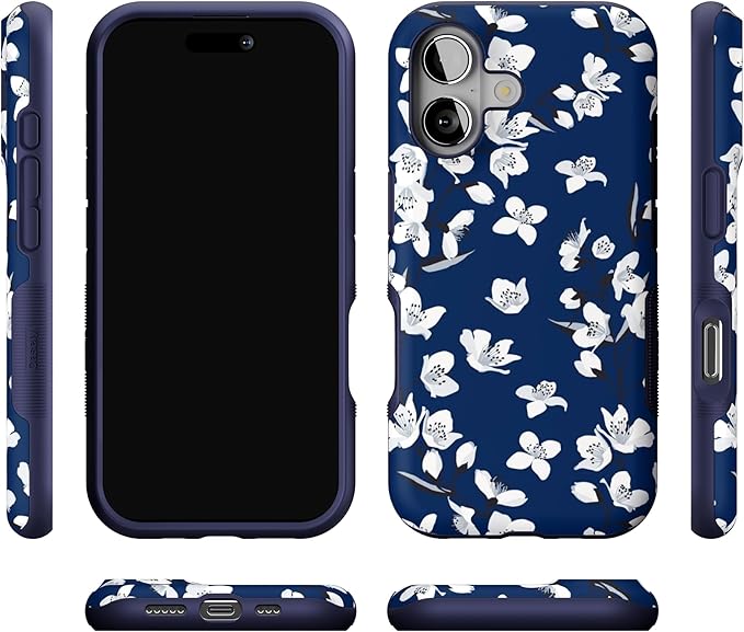Casely iPhone 17 Case | Floral Forest | Navy Cherry Blossom Floral | Bold Protective Design | Compatible with MagSafe