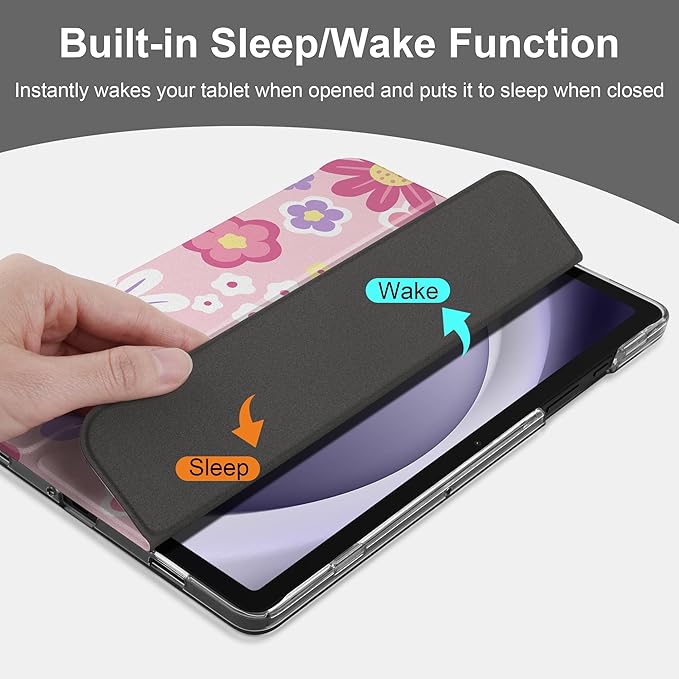 DONGKE Case for Samsung Galaxy Tab A9+/A9 Plus 11 inch 2024 2023 (SM-X210/X216/X218), Slim Stand Hard PC Translucent Back Shell Smart Cover, Auto Wake/Sleep - Power Flowers